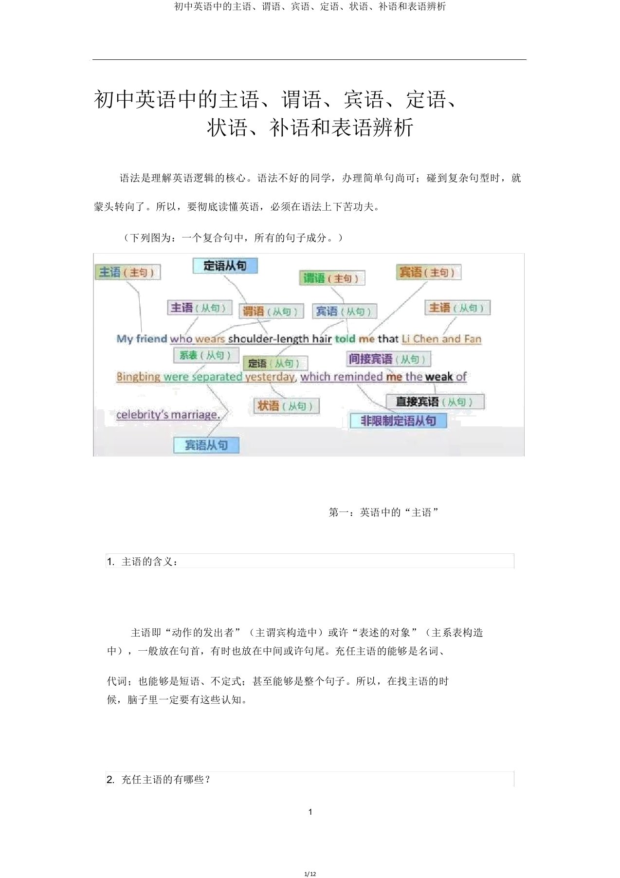 初中英语中的主语谓语宾语定语状语补语和表语辨析