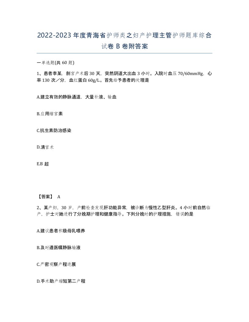 2022-2023年度青海省护师类之妇产护理主管护师题库综合试卷B卷附答案