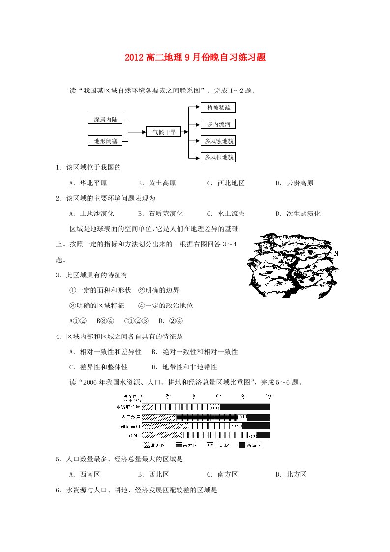 高二地理9月份晚自习练习题（7）(1)