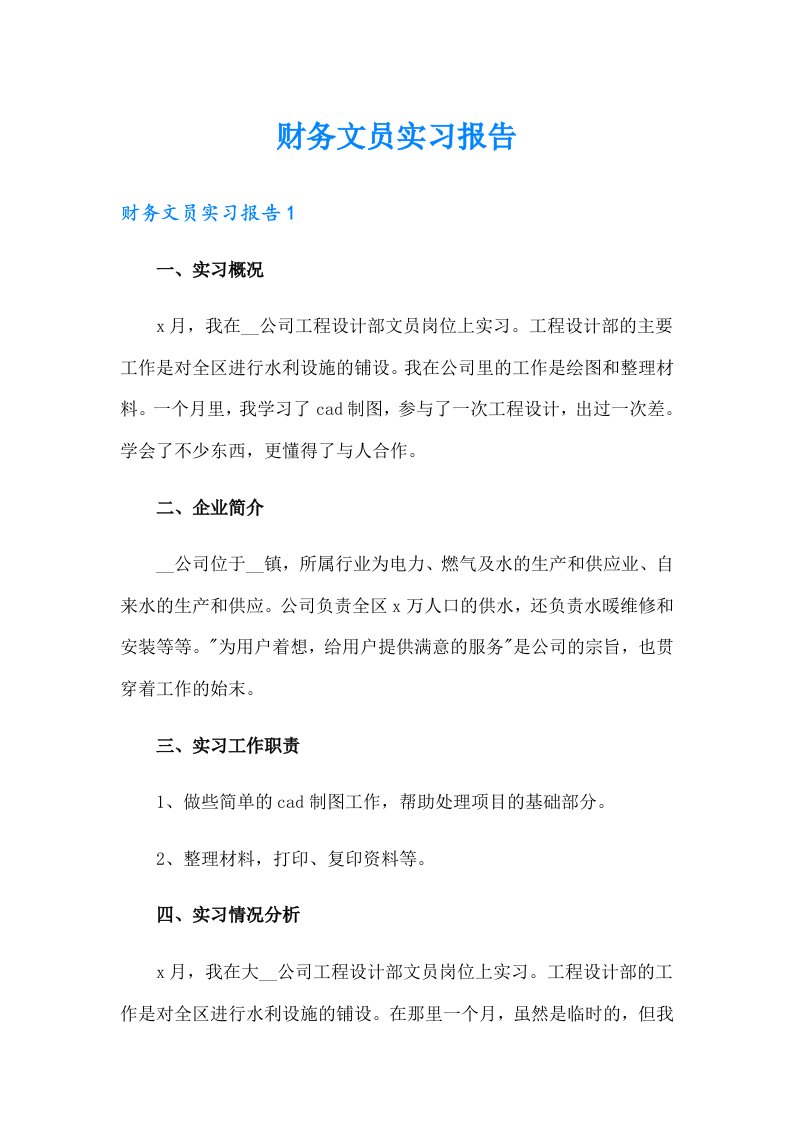 财务文员实习报告