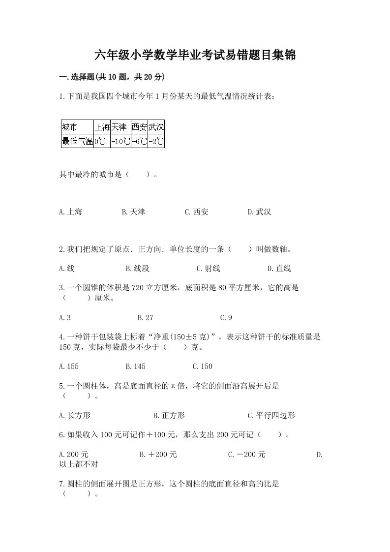 六年级小学数学毕业考试易错题目集锦【名校卷】