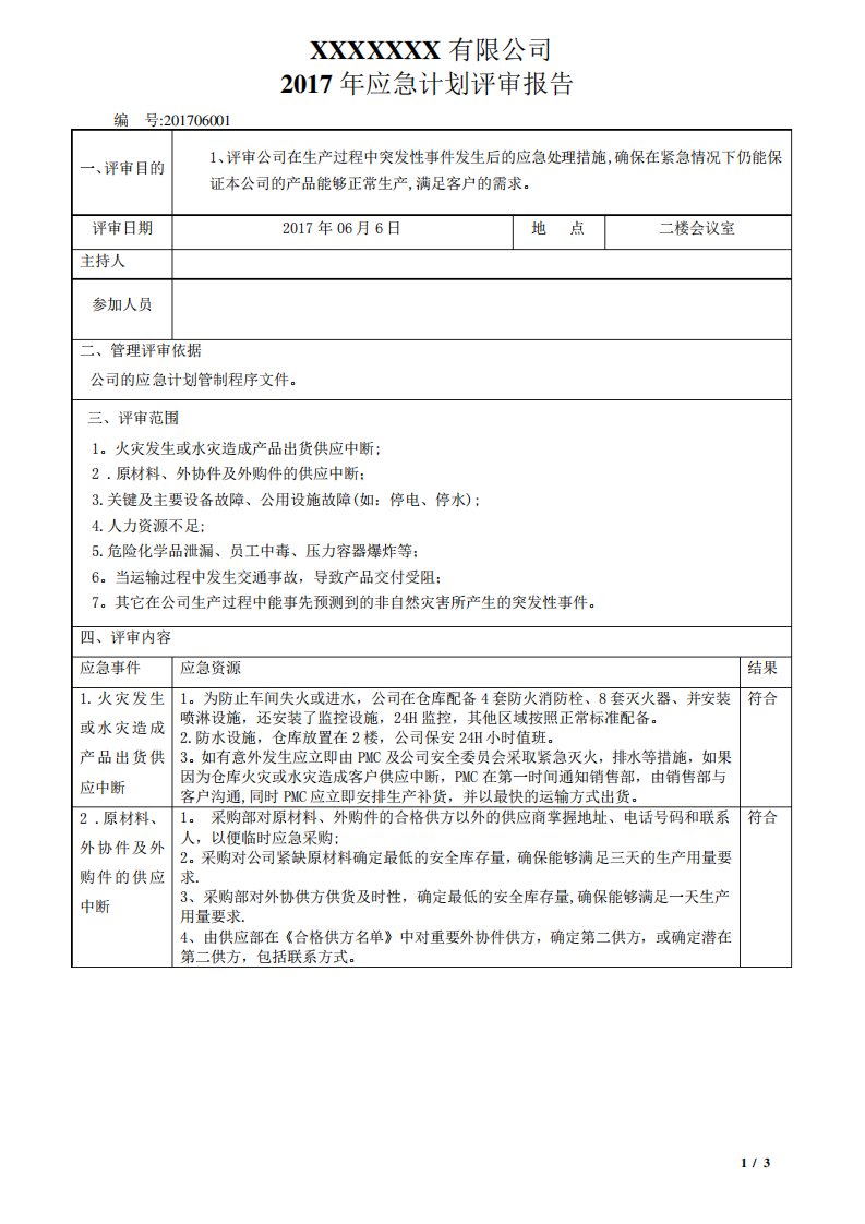 IATF16949-2016应急计划评审报告OK