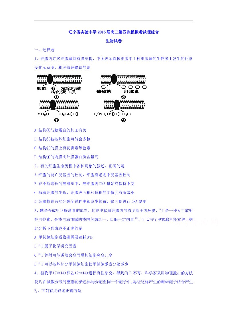 辽宁省2016届高三第四次模考理综生物试题