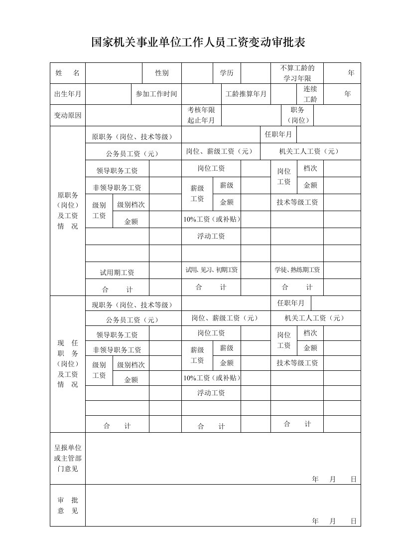 国家机关事业单位工作人员工资变动审批表