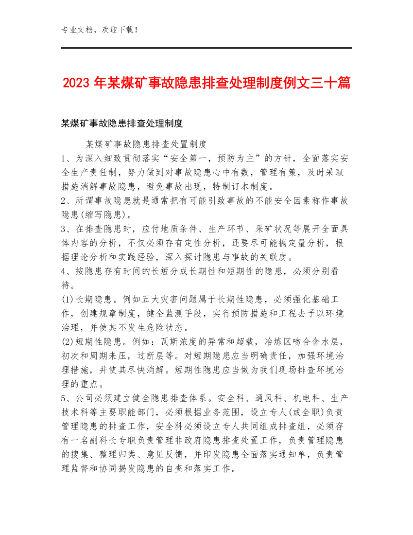 2023年某煤矿事故隐患排查处理制度例文三十篇