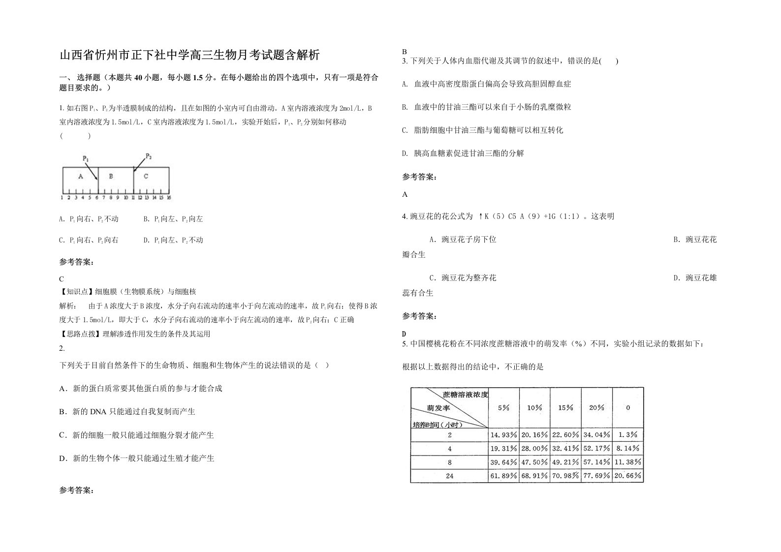 山西省忻州市正下社中学高三生物月考试题含解析