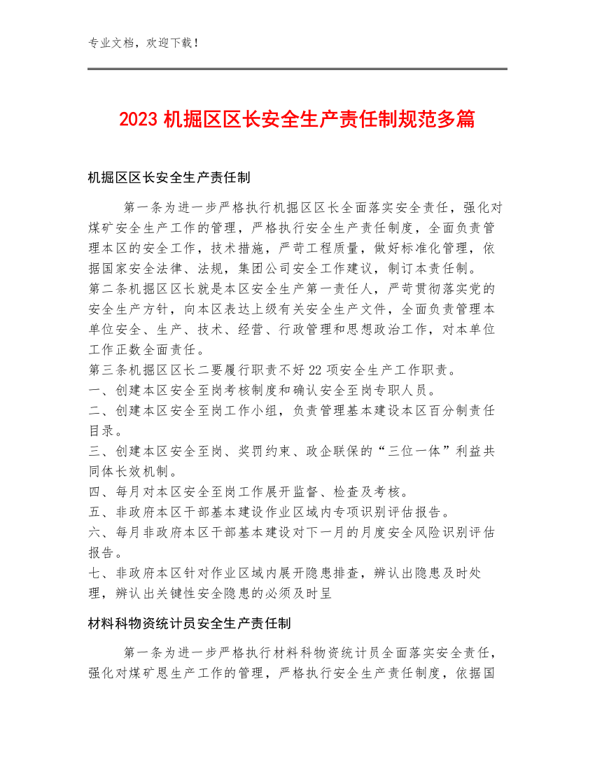 2023机掘区区长安全生产责任制规范多篇