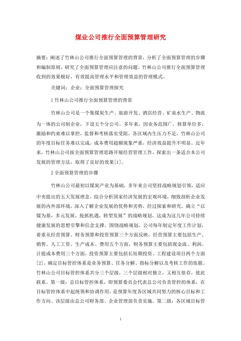 精编煤业公司推行全面预算管理研究