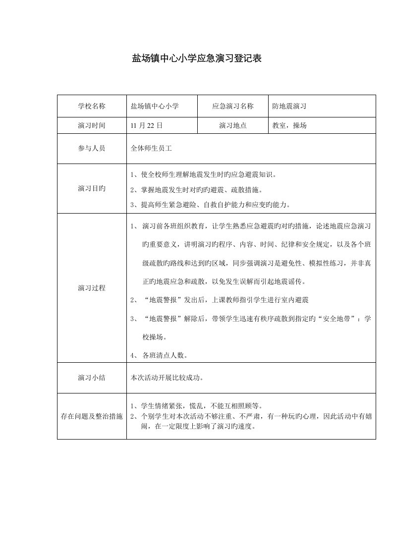 小学防地震应急演练记录表