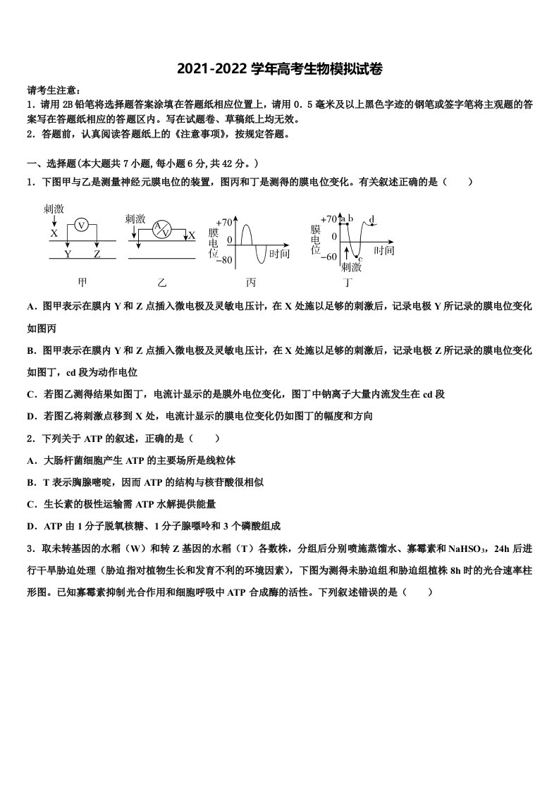 2021-2022学年广东省罗定市重点中学高三第四次模拟考试生物试卷含解析