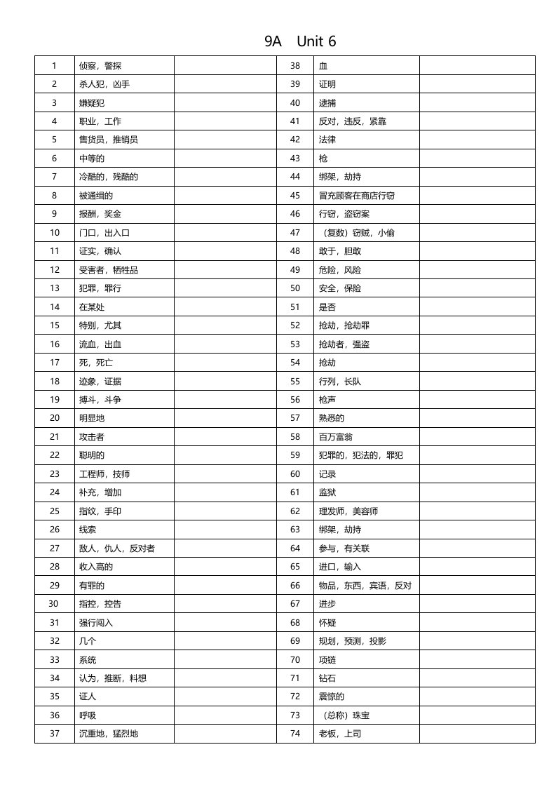 江苏牛津英语9AUnit6单词默写表