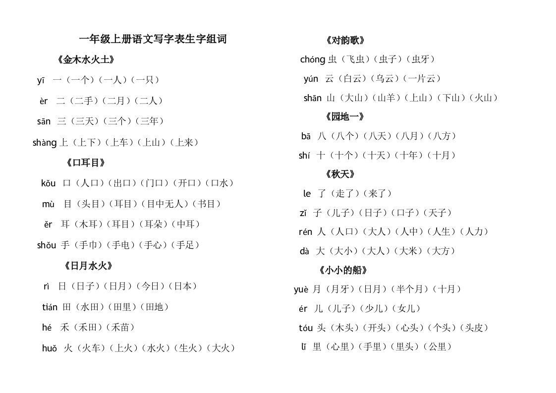 （词语）统编版一年级上册语文写字表生字组词