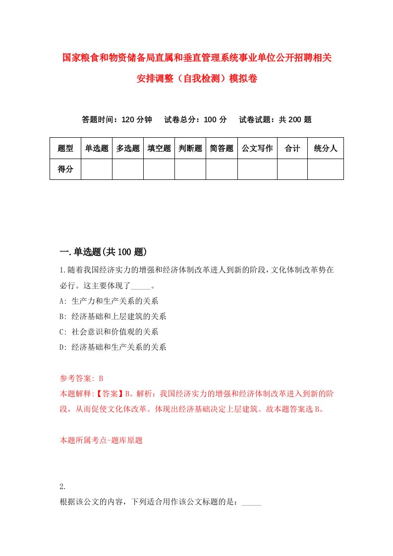 国家粮食和物资储备局直属和垂直管理系统事业单位公开招聘相关安排调整自我检测模拟卷第8期