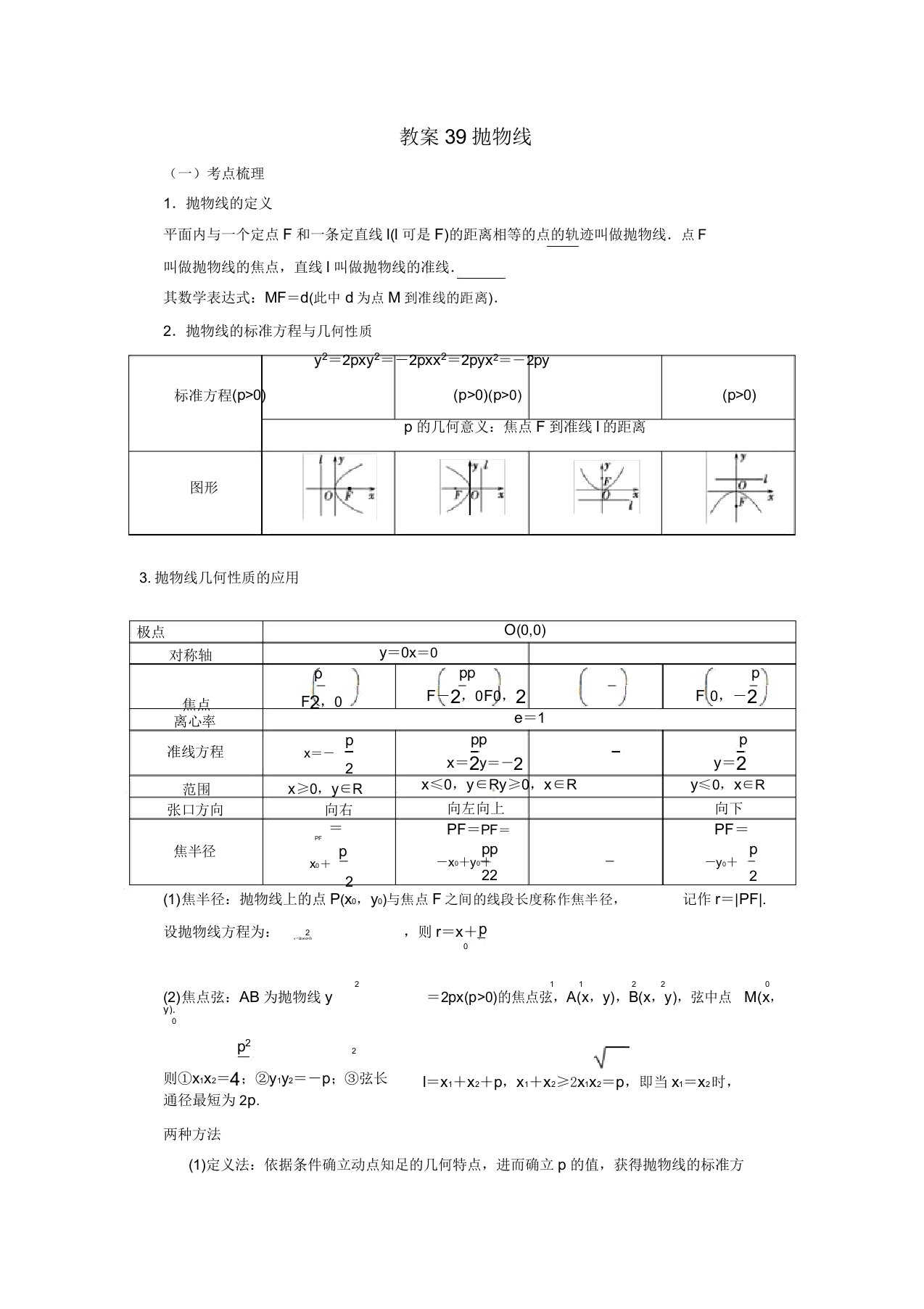 江苏省新沂市第二中学高三数学复习专题39抛物线学案理苏科版