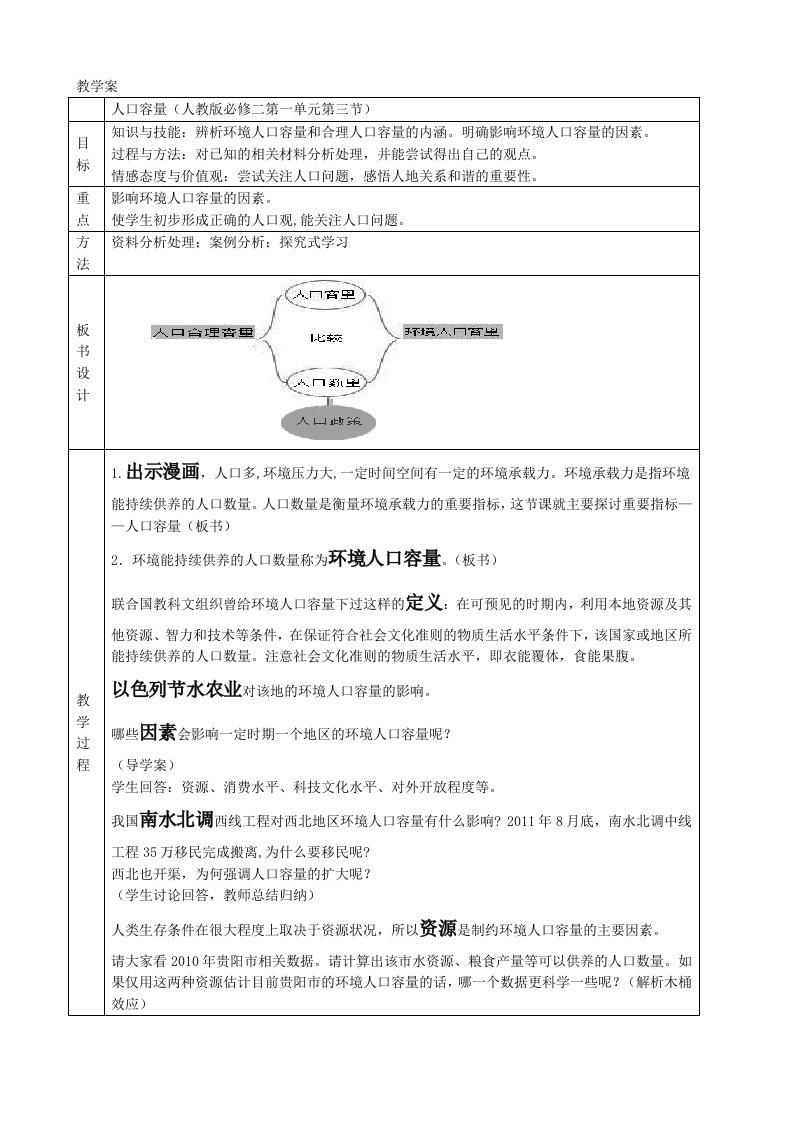 高中地理必修一《人口的合理容量》教学案