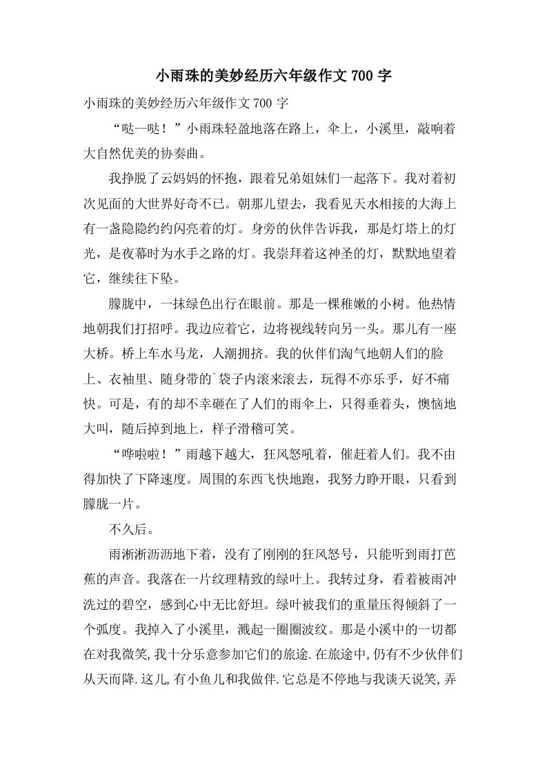 小雨珠的美妙经历六年级作文700字