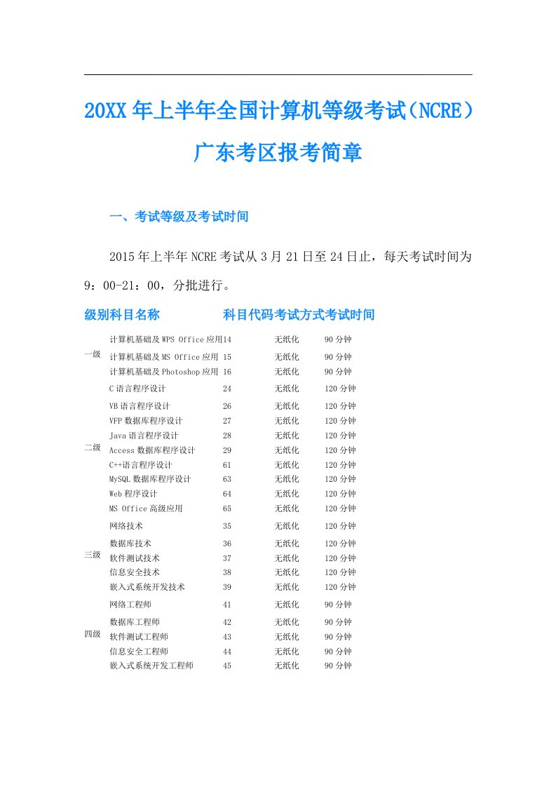 上半年全国计算机等级考试（NCRE）广东考区报考简章