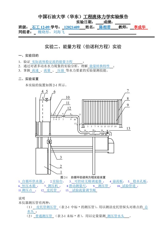 流体力学-伯努利方程实验报告