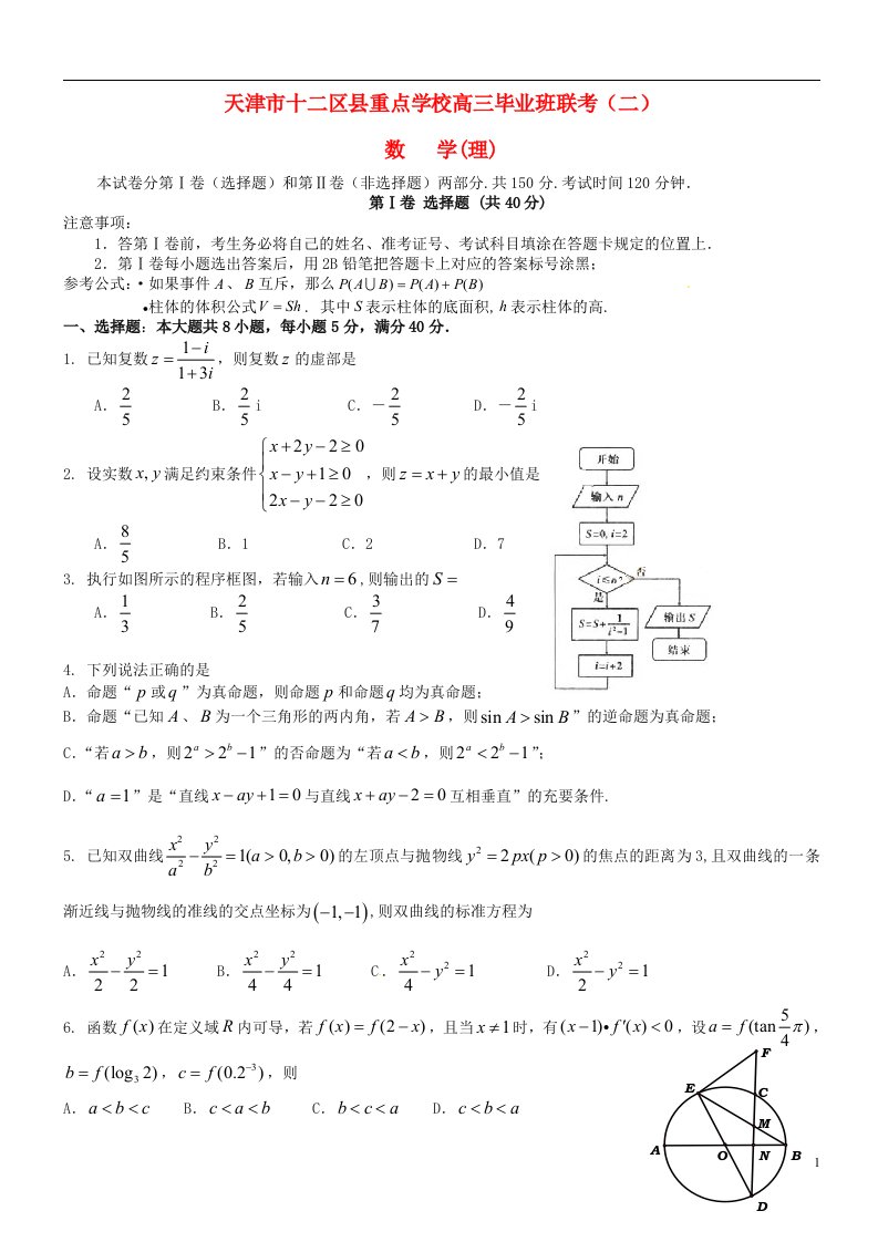 天津市十二区县重点学校高三数学下学期毕业班联考试题（二）理