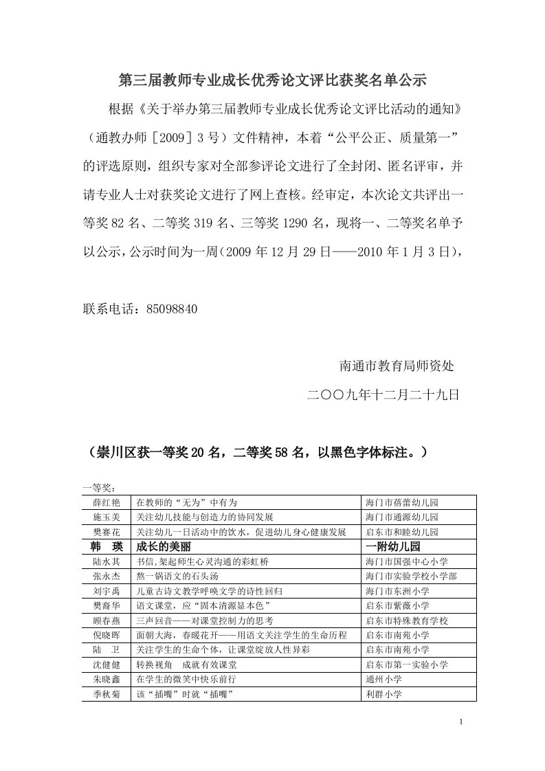 第三届教师专业成长优秀论文评比获奖名单公示