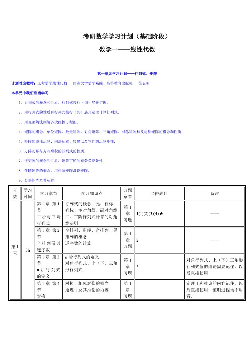 考研数学学习计划(基础阶段)数学一-线性代数