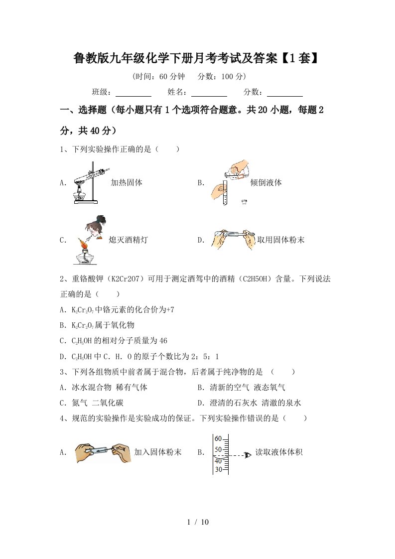 鲁教版九年级化学下册月考考试及答案1套