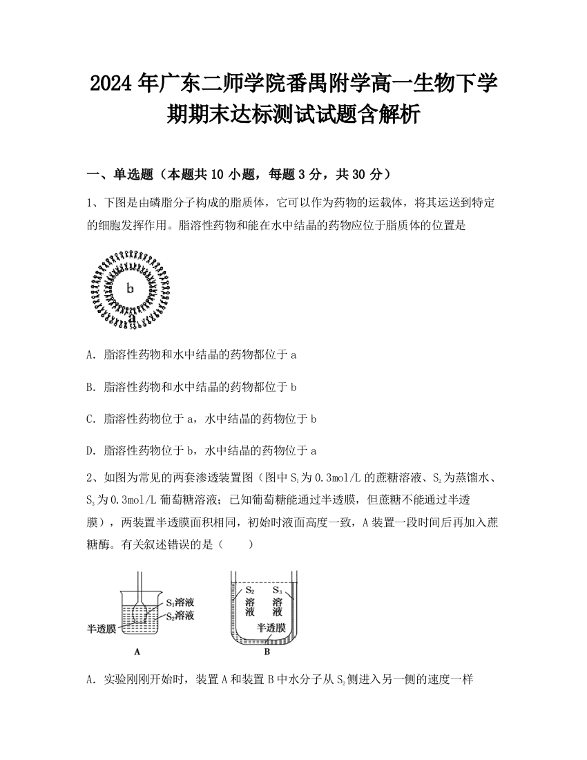 2024年广东二师学院番禺附学高一生物下学期期末达标测试试题含解析