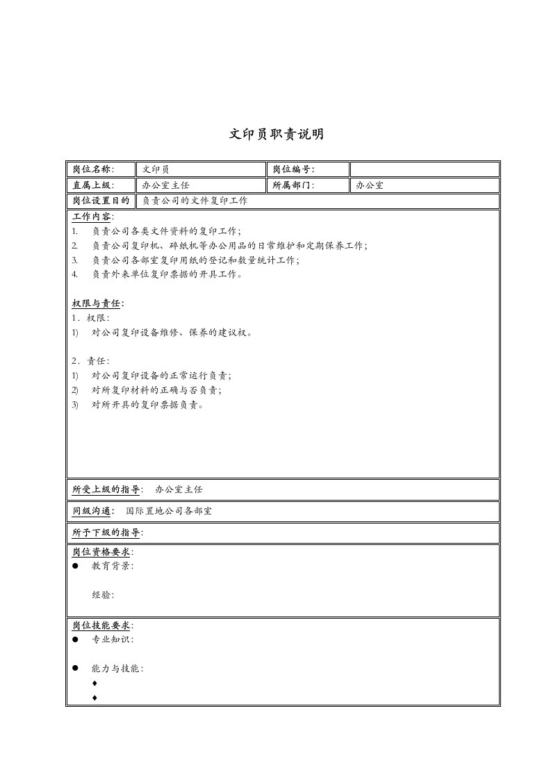 岗位职责-新疆国际置地公司办公室文印员职责说明书