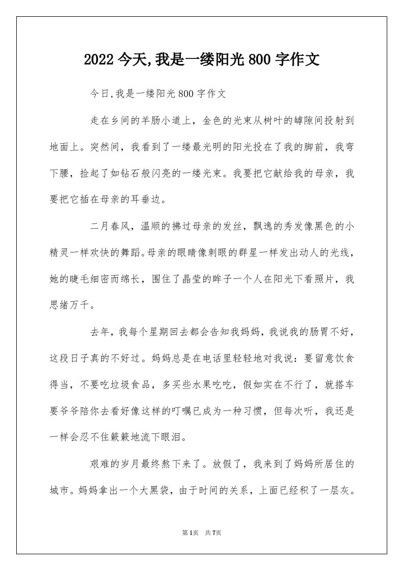 2022今天我是一缕阳光800字作文