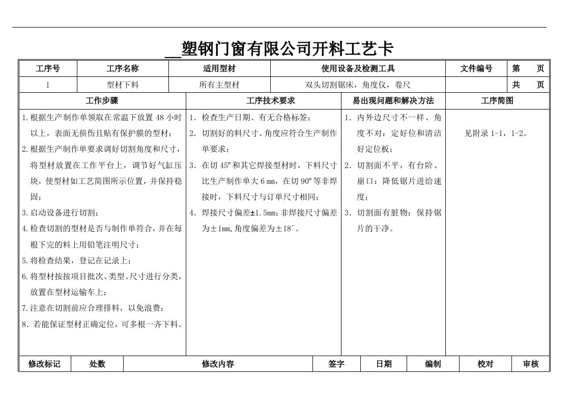 塑钢门窗生产工艺卡