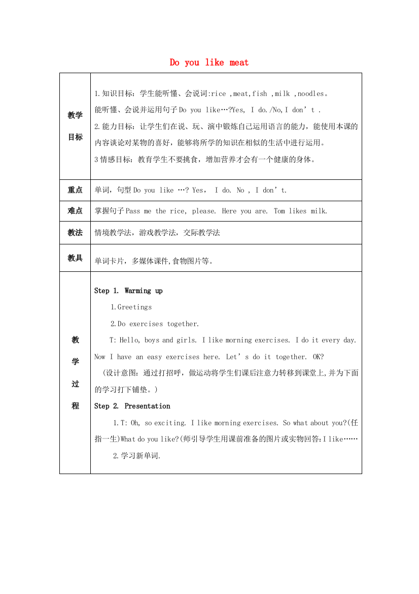 三年级英语下册-Module-4-Unit-1《Do-you-like-meat》教案-外研版(三起)