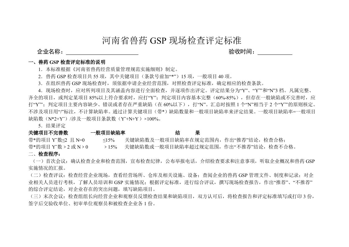 医疗行业-河南省兽药GSP现场检查评定标准