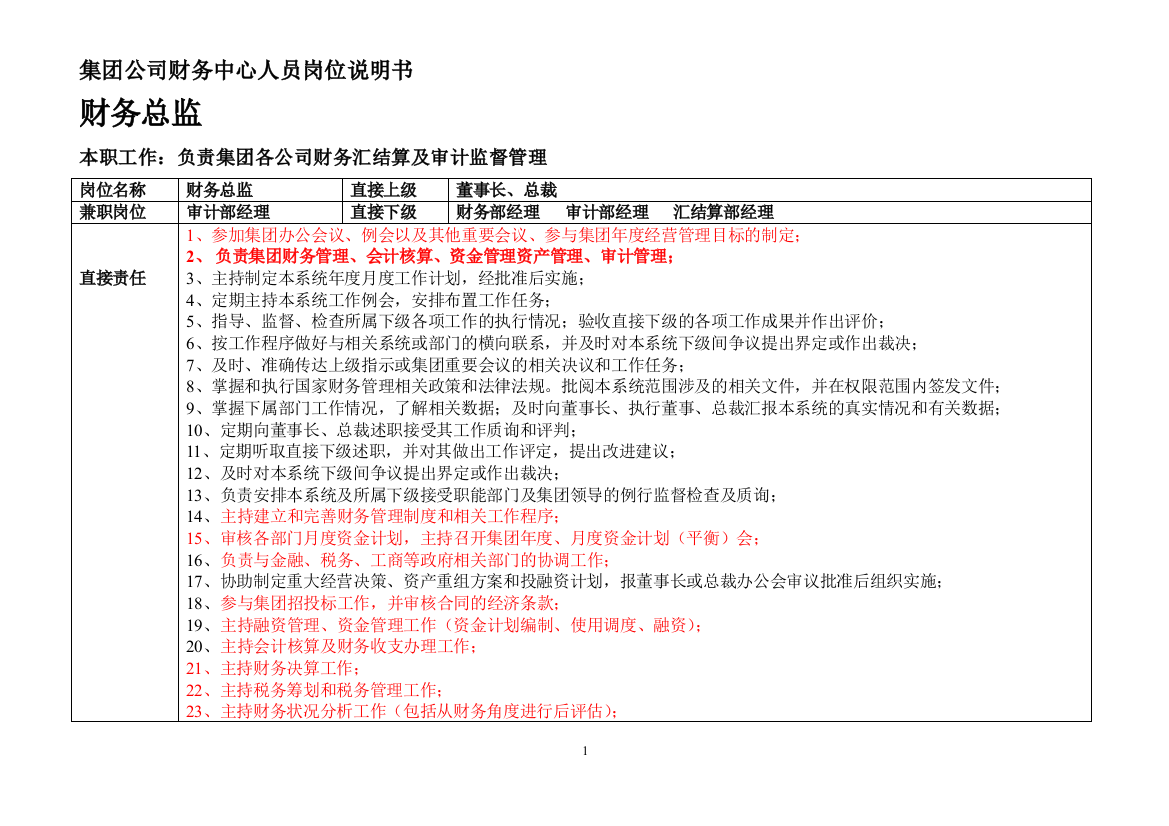 财务中心岗位说明书