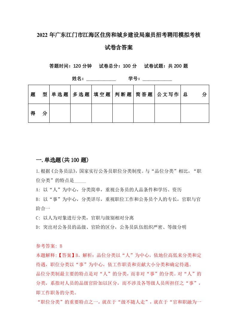 2022年广东江门市江海区住房和城乡建设局雇员招考聘用模拟考核试卷含答案6