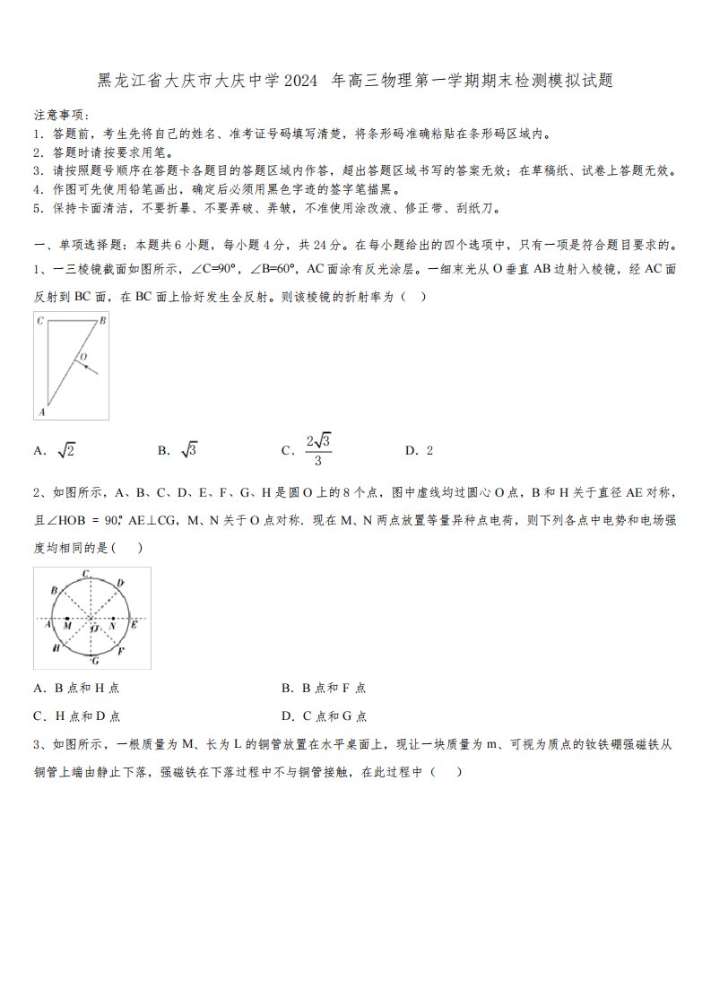 黑龙江省大庆市大庆中学2024年高三物理第一学期期末检测模拟试题含解析