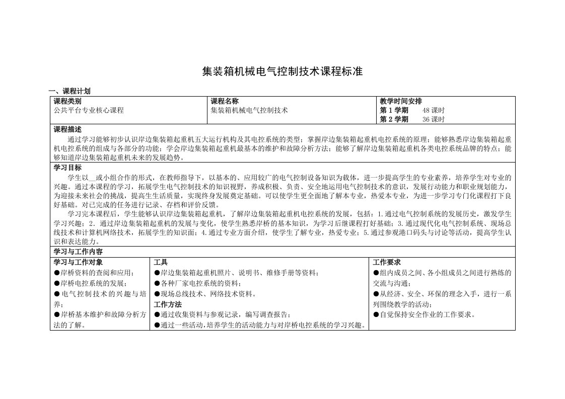 集装箱机械电气控制技术课程标准