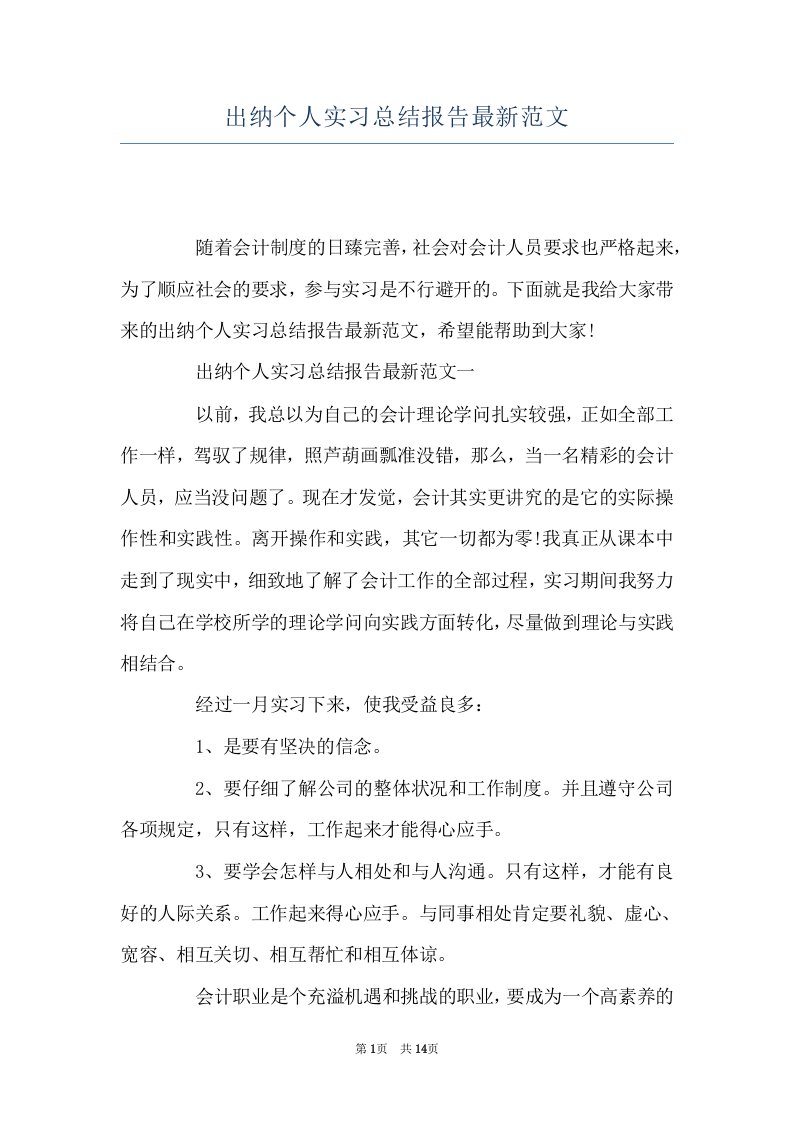 出纳个人实习总结报告最新范文