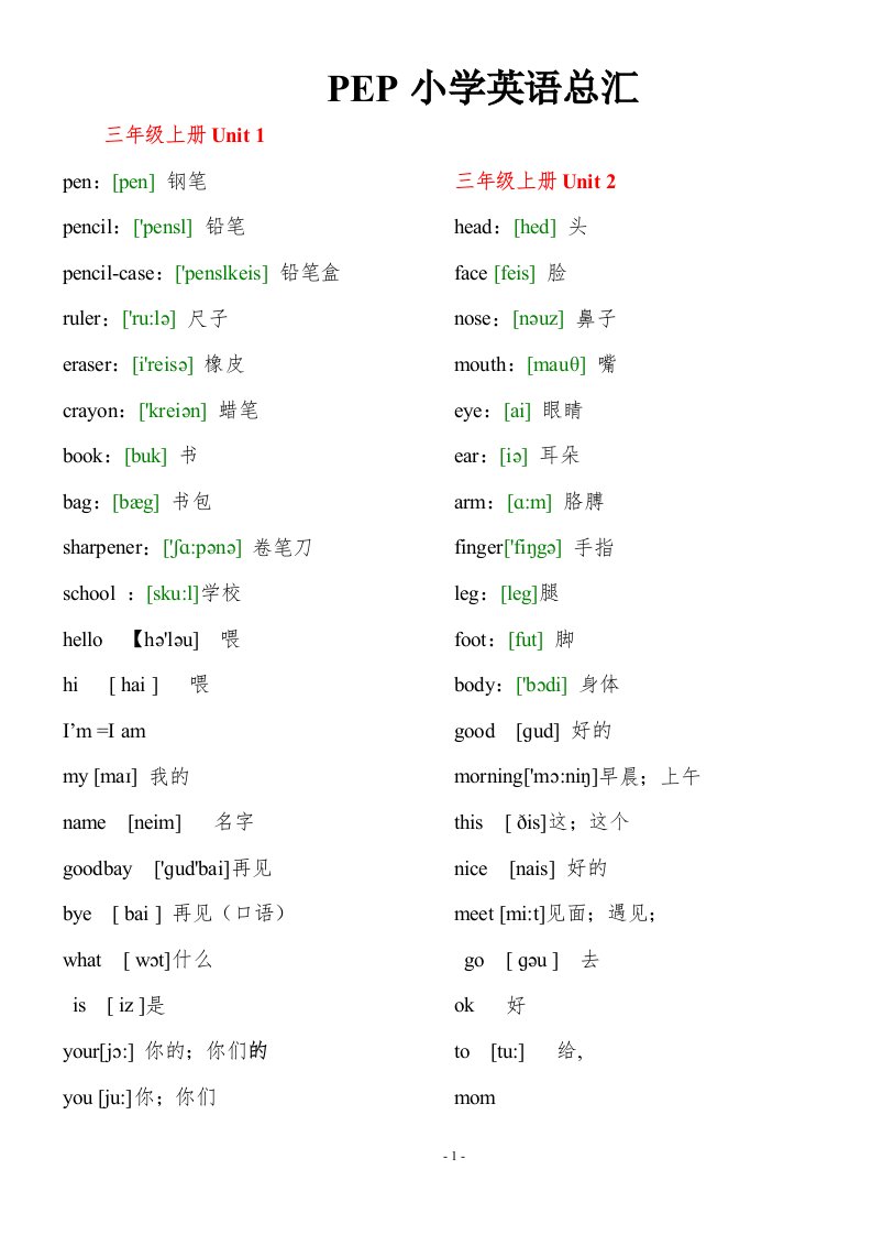 人教版小学英语单词表（完整版）