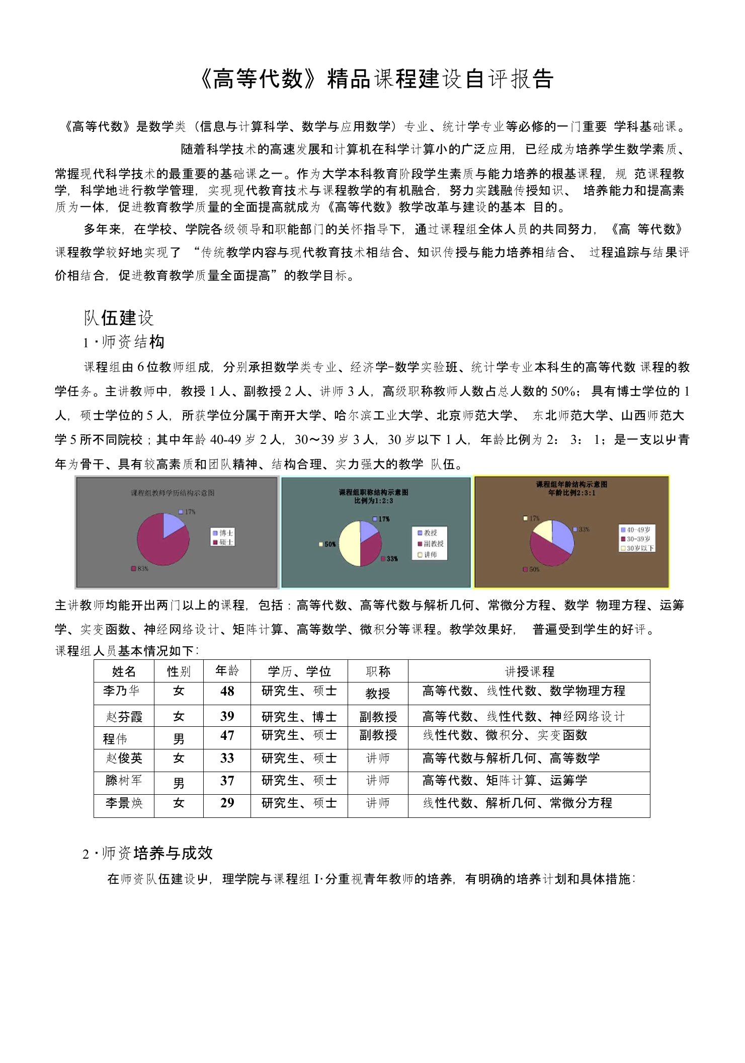 《高等代数》精品课程建设自评报告