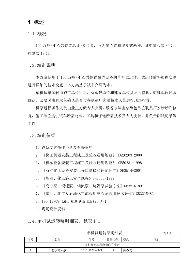 乙烯装置机泵动设备单机试车方案汇编