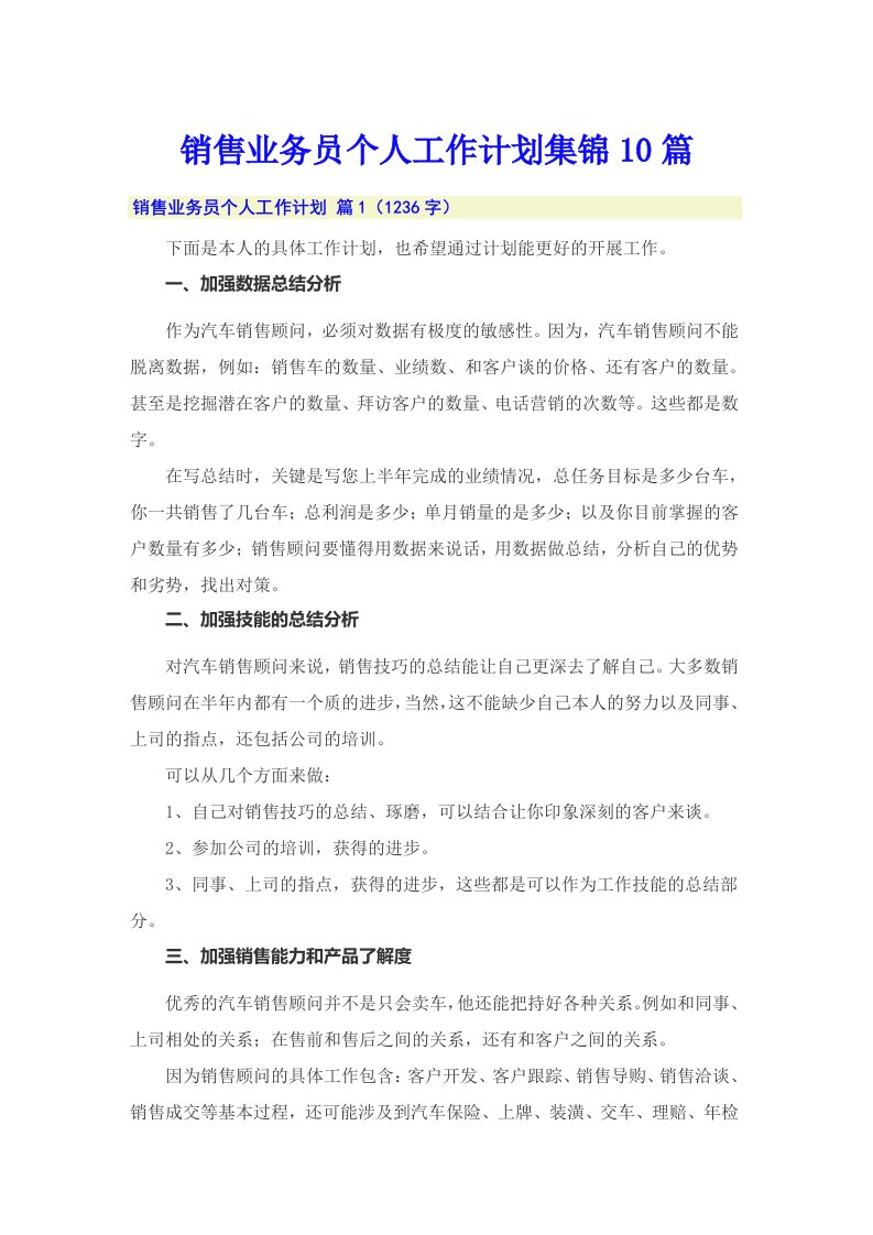 销售业务员个人工作计划集锦10篇