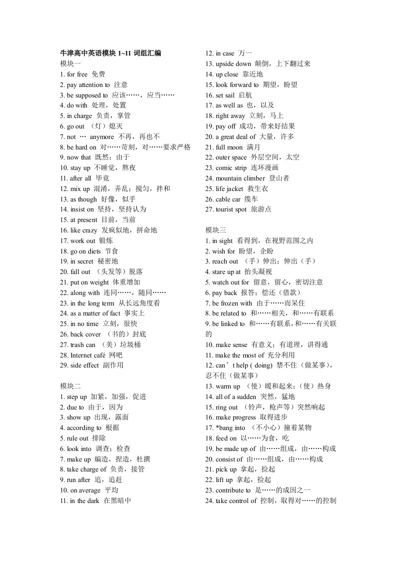 牛津高中英语模块1-11词组