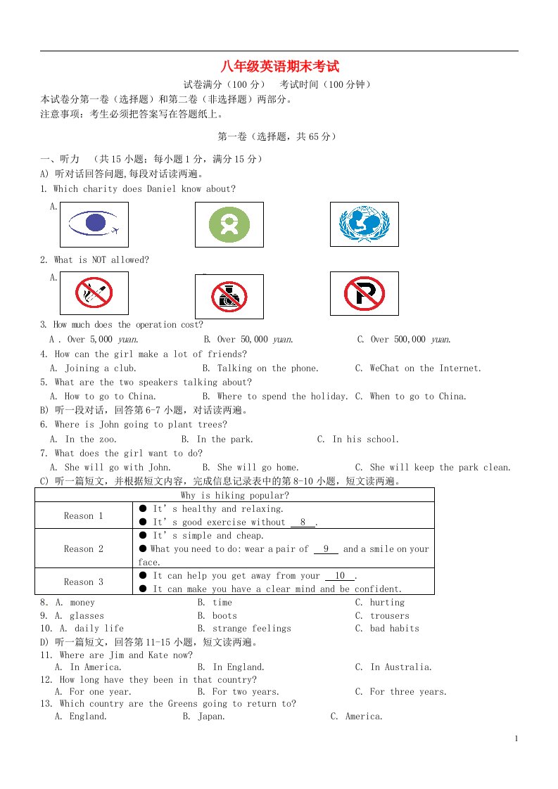 江苏省宿迁市钟吾初级中学八级英语下学期期末测试试题