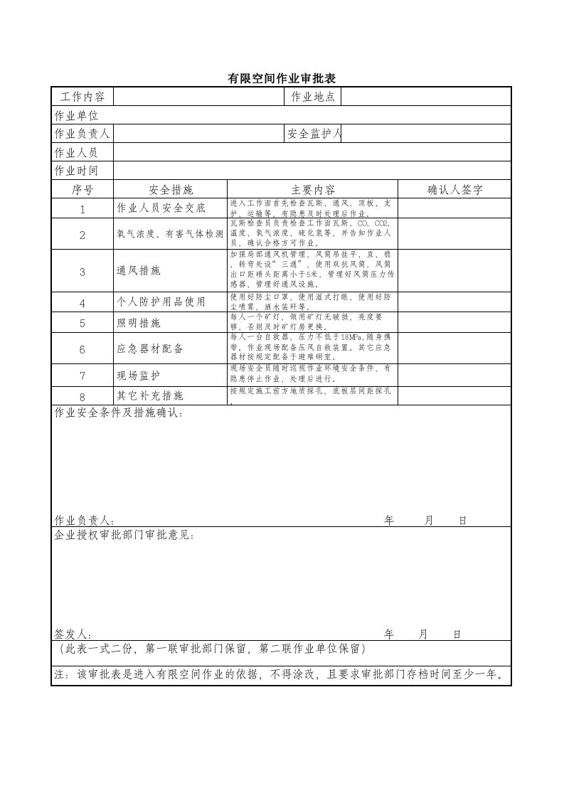 有限空间作业审批表