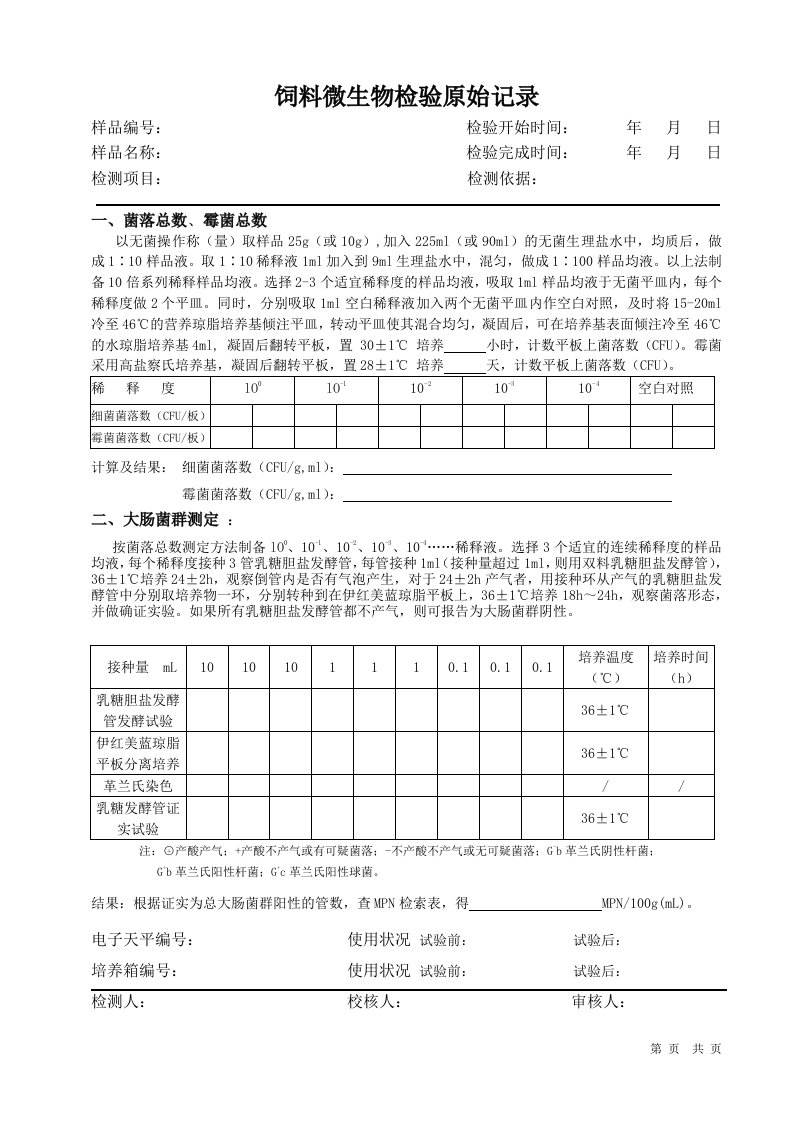 饲料微生物检验原始记录