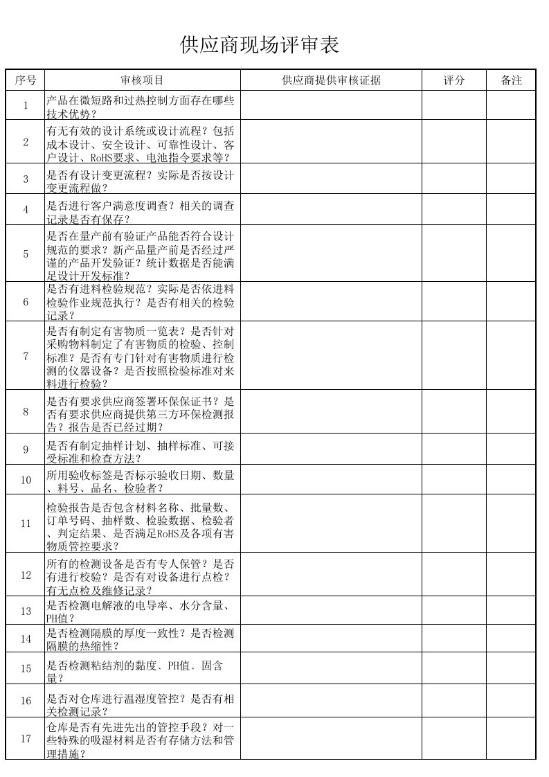 锂电池供应商现场审核清单