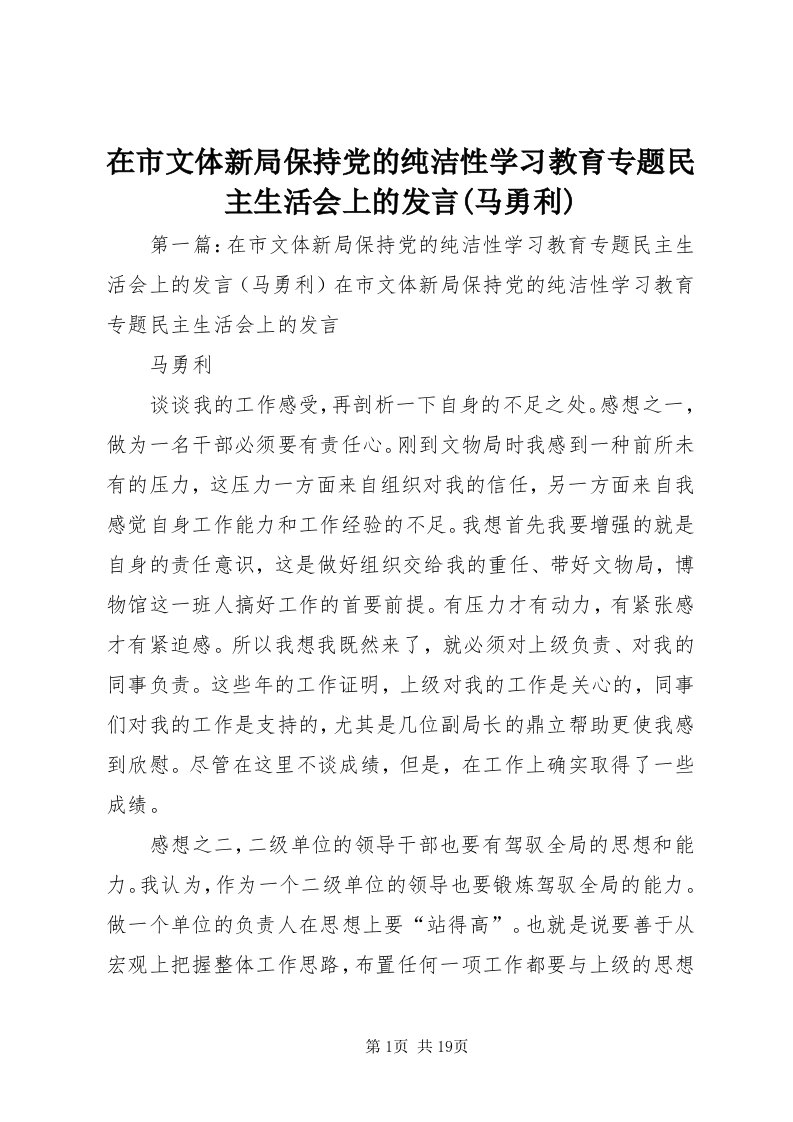 7在市文体新局保持党的纯洁性学习教育专题民主生活会上的讲话(马勇利)