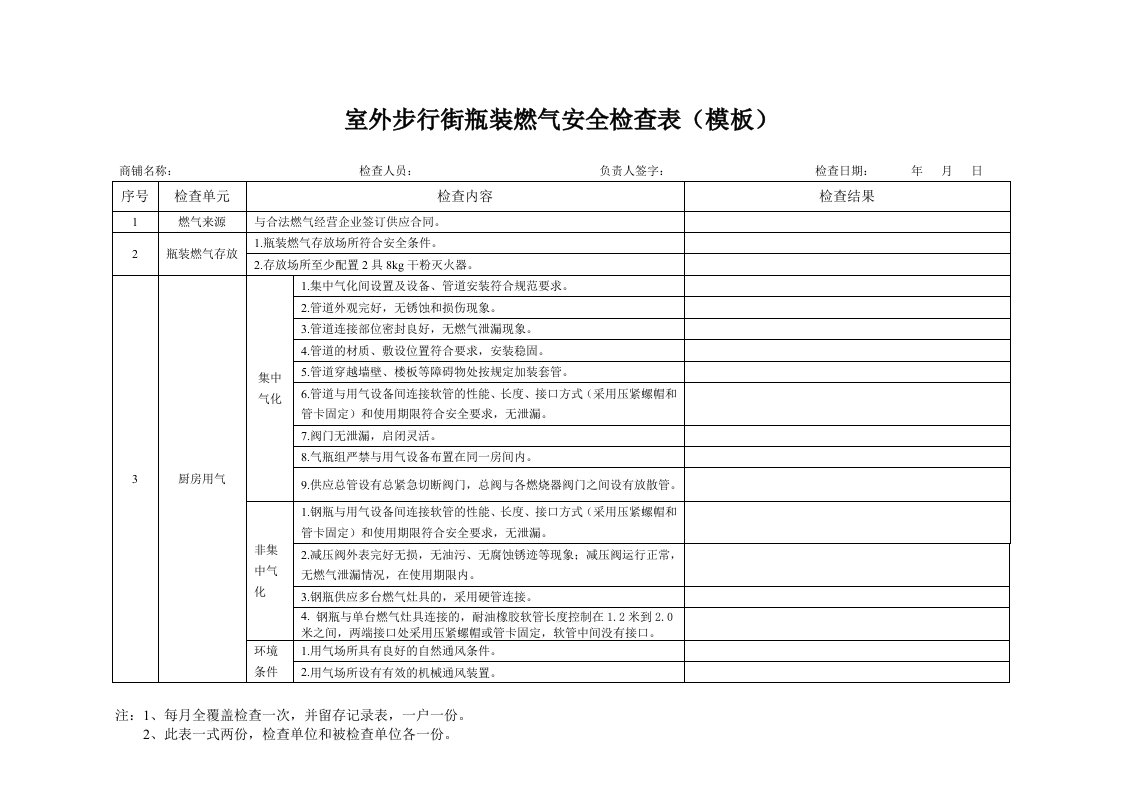 《瓶装燃气安全检查表》(模板)