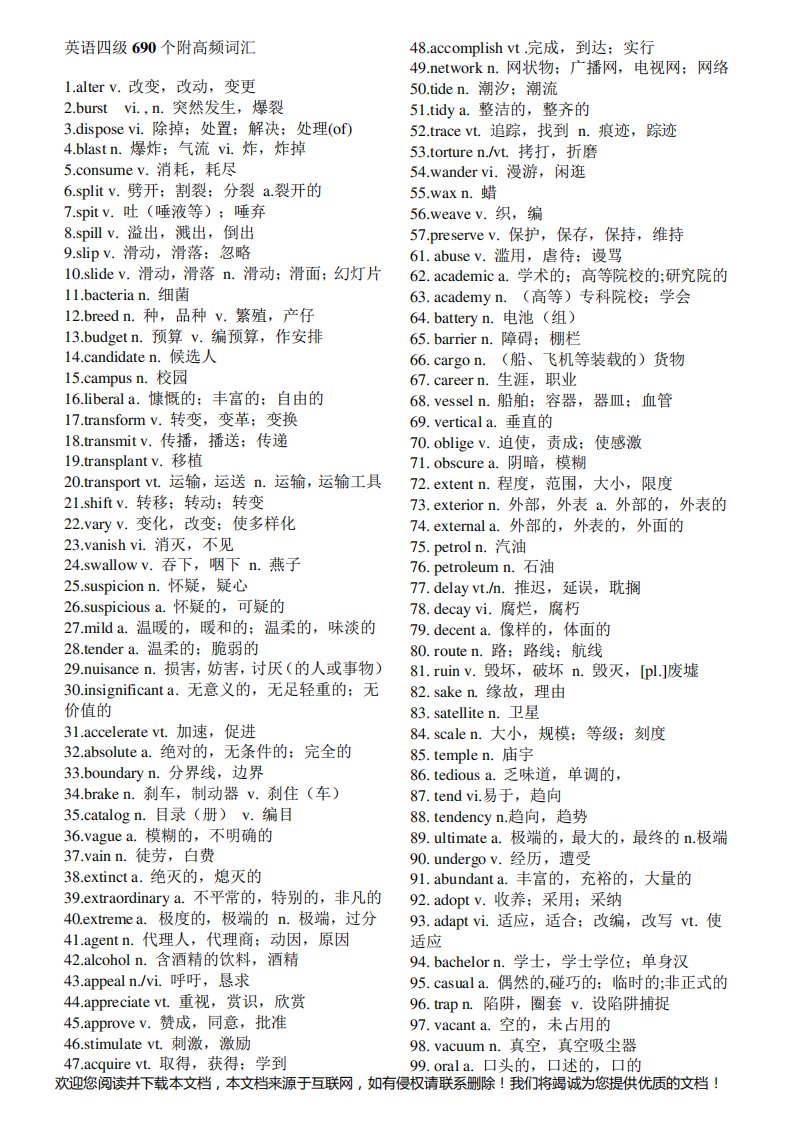 英语四级核心词690个高频词汇