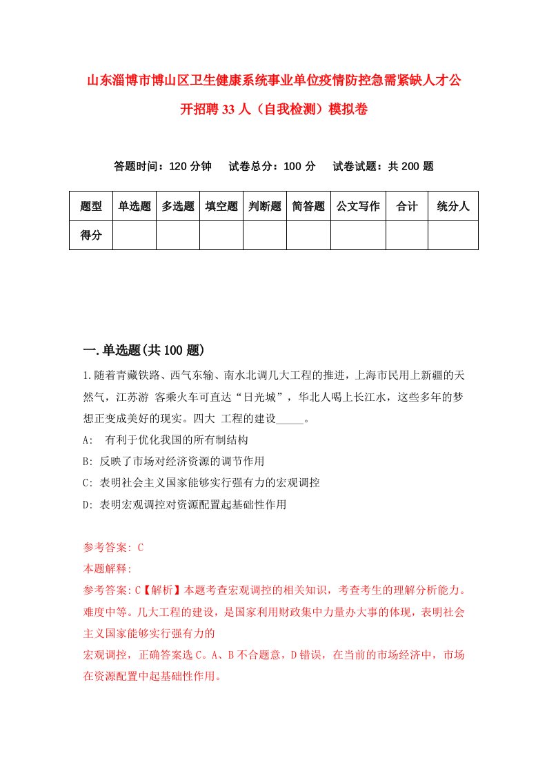 山东淄博市博山区卫生健康系统事业单位疫情防控急需紧缺人才公开招聘33人自我检测模拟卷1